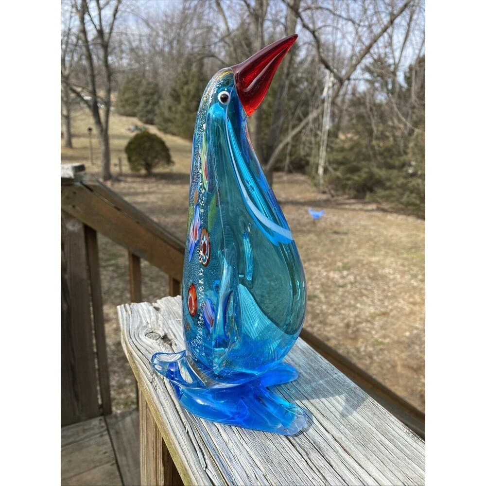 Pier 1? Art Glass Penquin Figurine Millefore Beautiful Blue 10”x 6”